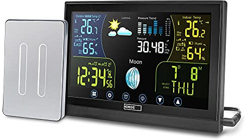 Emos Wetterstation Funk mit Außensensor, Touchscreen und Farbdisplay, DCF Empfangssignal Funkuhr - Innen- und Außentemperatur, Barometer, Wettervorhersage