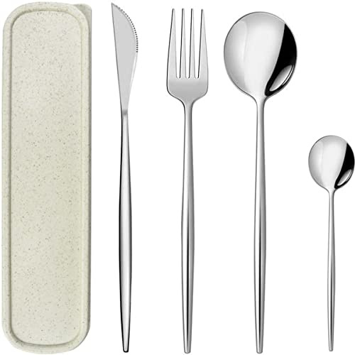 Juegos de cubiertos de 4 pzas cubiertos de viaje para acampar hechos de acero inoxidable, caja de cubiertos eco de paja de trigo. Ideal para al aire libre, Llevar, caja de almuerzo escolar