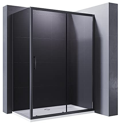 ELEGANT 1100x800mm Black Sliding Shower Enclosure 8mm Easy Clean Glass Shower Cubicle Door with Stone Tray + Side Panel