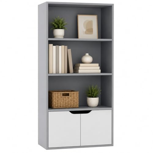 URBNLIVING Bücherregal mit 4 Etagen, breit, aus Holz, mit 2 Türen, Aufbewahrungsregal, Vitrine, Schrank, Möbel Einheit (grau mit weißen Türen)