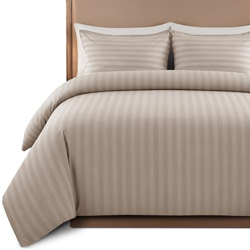 Hafaa Satin Stripe King Size Duvet Cover Sets Beige - Premium Hotel Quality Quilt Cover Bedding Sets - Hypoallergenic Ultra Soft Brushed Microfiber Bed Linen