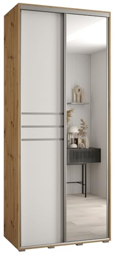 MEBLE KRYSPOL Davos 11 100 Schrank mit Zwei Schiebetüren für Schlafzimmer - Moderner Schrank mit Spiegel, Kleiderstange und Regalen - 235,2x100x60 cm - Artisan Weiß Silber