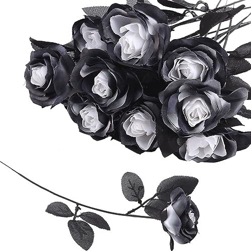 JUOPZKENN 10 Stück Schwarze Rosen, Künstliche Blumen, Einzelstiel, Künstliche Seidenblumen, Hochzeitsstrauß, Blütenflora für Haus, Garten, Party, Halloween-Dekorationen(10 Stk)
