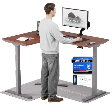 DESKSPACE Corner Eckschreibtisch höhenverstellbar (elektrisch) | Kollisionsschutz und Memory-Funktion, 10 Jahre Gewährleistung (Graues Gestell, Mahagoni Tischplatte, 160 x 130 x 70 cm)