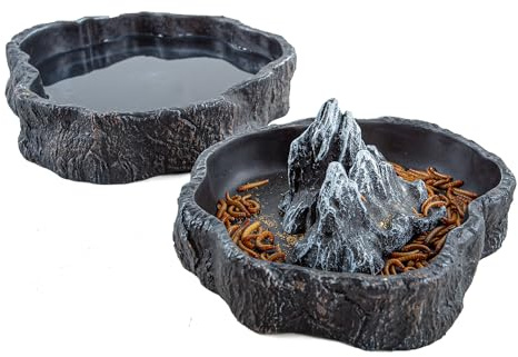 2 Pack Large Reptile Food Bowl and Water Bowl Set, Drowning Prevention Reptile Water Dish and Food Dish with Simulated Rockery, Terrarium Decoration Bowls