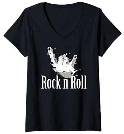 Damen Rock N Roll | Pommesgabel | Mano Cornuta | Rock Hand | Biker T-Shirt mit V-Ausschnitt