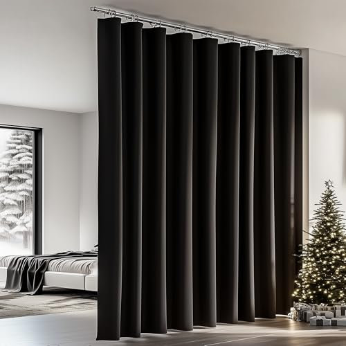 PANOVOUS Room Divider Curtains with Rod Pocket - Privacy Drapes for Sliding Glass Doors with Hooks, 100W x 96L Inches, Black (1 Panel), Curtains for Bedroom