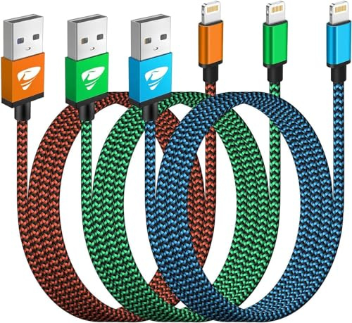 Aioneus Cable iPhone Chargeur iPhone [3m/Lot de 3] Cable Lightning USB MFi Certifié Nylon Tressé Cordon Charge Rapide Fil Ultra Solide pour iPhone 14 Pro Max 13 12 11 XR XS X 8 7 Plus Se iPad