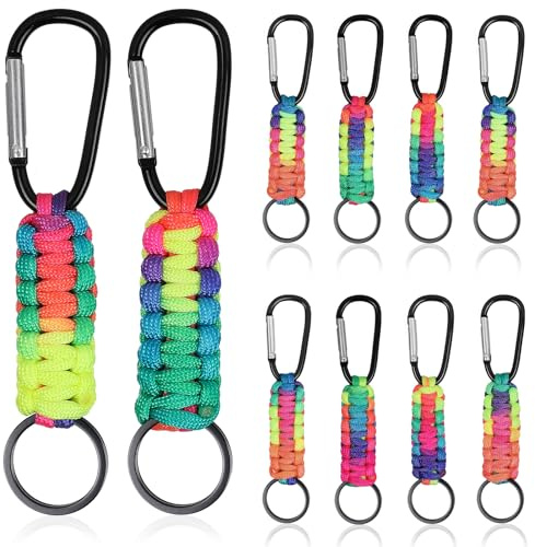 EFUTURETIME 10 x Karabiner Schlüsselanhänger Paracord mit Buntes Band Kurz, Schlüsselkarabiner Klettern Haken für Reisen, Camping, Sport