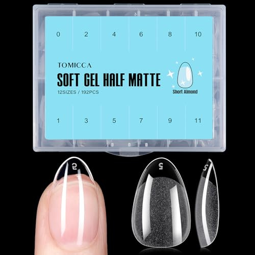 TOMICCA 192 Stück Mandel Kurz Nail Tips für Gelnägel | 12 Größen Mandel Falsche Nageltips, Full Cover Soft Gel Tips für Gelnägel, für Nagelverlängerung, Nagelstudios und Hause DIY