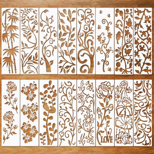 JSRQT 16 Piezas Plantillas para Pintar de Planta Floral de Vid,Plantillas de Borde Floral,Hoja Stencil de Decoración de Pasteles para Pintar en Madera, Pared, Tela, 11 x 3”
