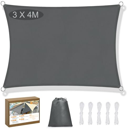 Tenda Da Sole per Esterno 3x4m Con Occhielli Tenda Da Sole per Esterno,Vele Ombreggianti Antipioggia, Rettangolare Vele Ombreggianti Protezione UV 95%, Adatta per Patio Terrazza Giardino Piscina
