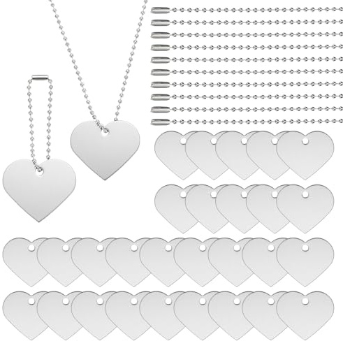 PATIKIL Set 60 Pz Targhette per Cani Vuote, Inclusi 30 Pz Etichette a Forma Cuore in Alluminio per Stampa metallico 30 Pz Catena in Acciaio a Sfera per Incisione Laser Collana Tono Argento