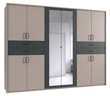 möbelando Drehtürenschrank >Taiga< Saharagrau mit Graphit-Absetzungen ? 270 cm, 10 Türen, 4 Schubladen, 2 Spiegel, Made in Germany, ideal für das Moderne Schlafzimmer, 270x208x58cm (BxHxT)