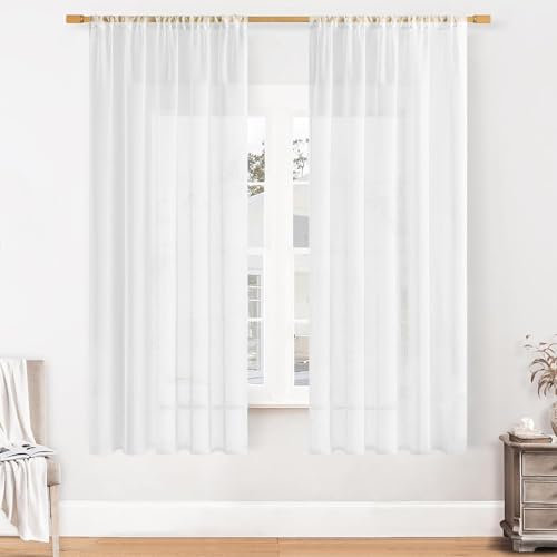 gvivej Gardine aus Voile, 2er Set Weiß Scheibengardine, Transparente Gardine Polyester, 120 x 140 cm mit Kräuselband für Wohnzimmer Schlafzimmer
