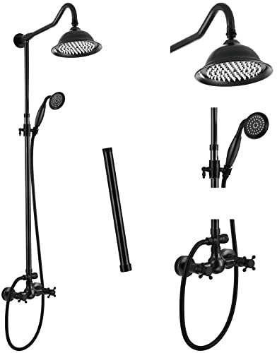 Antique Brass Rainfall Shower Faucet System - 8 Inch Shower Head, 12 Inch Extension Tube, Handheld Spray, Dual Knobs Mixer, Wall Mount Bathroom Fixture Combo Set