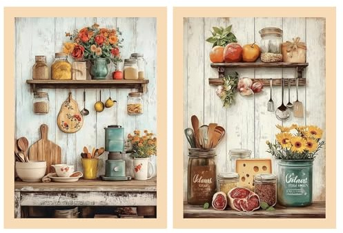 Nacnic Set de 2 Cuadros de Cocina Rústica Impresión Ilustración en Estilo Campestre Arte de Pared para Decoración de Cocina, Despensa, Comedor, Restaurante A4 Marco de Madera Clara