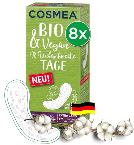 Cosmea Slipeinlagen Extra Lang – 8 x 26 Vorteilspack | Saugstark, aus Bio-Baumwolle | Sanft zur Haut & ohne Parfum | Made in Germany (Bio Extra Lang)