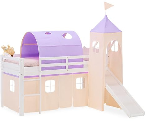 Homestyle4u Hochbett mit Rutsche 90x200 - Kinderbett mit Turm & Tunnel