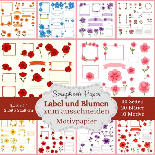 Motivpapier Label und Blumen zum Ausschneiden - Scrapbook Papier Kollektion: Dieses charmante Bastelpapier bietet dir eine reiche Auswahl an ... Labels in verschiedenen Formen und Farbtönen