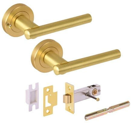 Hunta HANDLEZONE® Solus Privacy Lever On Round Rose Door Handles, with Privacy Latch, for Bathroom, Toilet, WC Doors, 1 Set - Brushed Brass