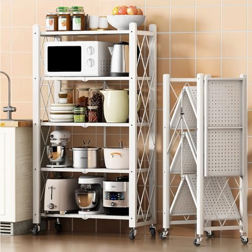 4-Tier Foldable Metal Storage Shelf with Wheels, 28.15 W x 15.55 D x 48.82 H , 750 Lbs Loading Capacity，Heavy Duty No Assembly Organizer Shelf for Pantry, Kitchen, Garage, Basement (Weiß, 4-Tier)