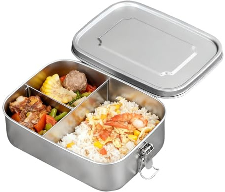 BITUSIC Stainless Steel Bento Box,304 Adult Lunch Box Large Capacity 800ml Square Food Container with Dividers and Lock Tight Lid for Outdoor Use Easy to Clean Bento Box for Work and School