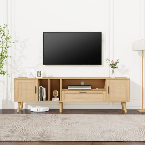 Merax TV Schrank 180 cm, Lowboard mit Rattan-Akzenten und Kabelmanagement, TV Board für Wohnzimmer, geeignet für Fernseher bis 80 Zoll, rustikales Design