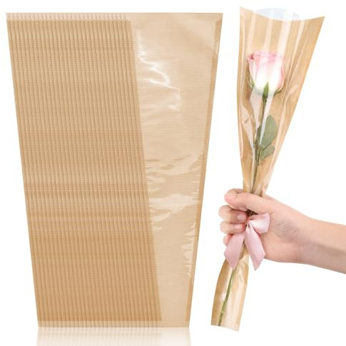 50 sacchetti di carta a forma di fiore singolo con parte anteriore trasparente, sacchetti per confezionamento di fiori per bouquet floreale per matrimoni, lauree, compleanni, regali per fioristi