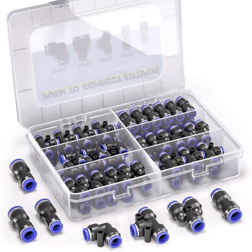 46 stycken 6 mm pneumatisk quick push anslutningssats, rak, vinkel, T-stycke, Y-splitter, reducerare, pneumatiska kontakter push to connect Fittings, för luftslangar, PU, nylon, PE-rör