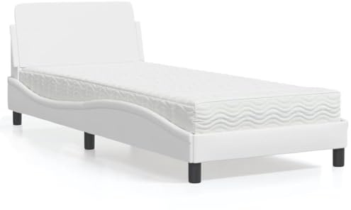 QUAHEAS Dover Sängram med madrass, 90 x 190 cm, vitt konstläder, vågformsdesign, komfortskummadrass H2 H3, sovrumsmöbler för vuxna