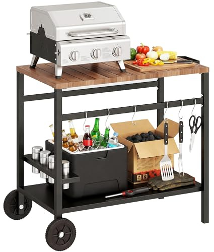 Outsunny Desserte jardin, chariot de barbecue sur roulettes, îlot de cuisine à 2 niveaux avec plateau en métal aspect bois, porte-boissons et crochets, 97 x 51 x 83 cm, noir et marron