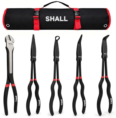 SHALL 5-teiliges Spitzzangen Set – Spitzzange lang gerade, 45°, 90°, gebogen & extra-lang, mit Seitenschneider klein, als Sprengringzange & Armaturenzange nutzbar, professionelles Zangen Werkzeug-Set