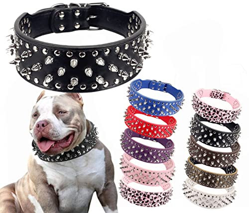 BTDCFY PU Leather Spiked Studded Dog Collar 2 Wide Anti-Bite Collar