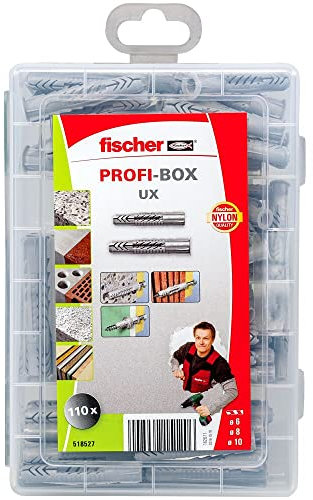 fischer Profi-Box Universaldübel UX / UX R, Dübelset mit 110 Teilen, Nylondübel für alle Baustoffe mit und ohne Dübelrand, praktische Aufbewahrungsbox für Heimwerker & Profis, ohne Schrauben