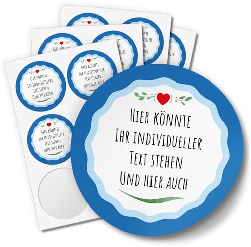 24 INDIVIDUELLE runde Etiketten SELBER GESTALTEN: Blau mit Herz - Personalisierte Aufkleber für Taufe, Muttertag, Valentinstag, Produkte, Ostern, Weihnachten, Kommunion, Konfirmation, Geburtstag