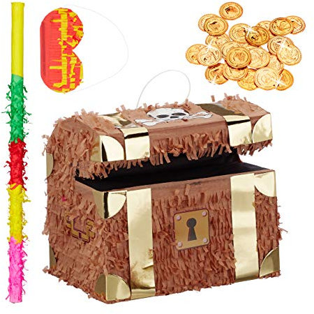 Relaxdays 291 TLG. Pinata Set Schatzkiste, Pinatastab & Augenbinde, 288 Goldtaler, Schatztruhe, Pinatastock mit Augenmaske, bunt