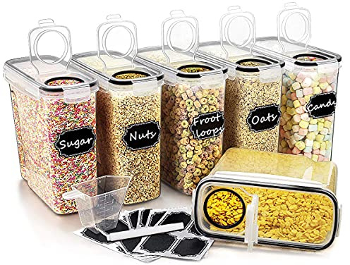 Large Cereal & Dry Food Storage Containers, Wildone Airtight Cereal Storage Containers for Sugar, Flour, Snack, Leak-Proof with Black Locking Lids - Set of 6 (4L /136.7oz) (Black)