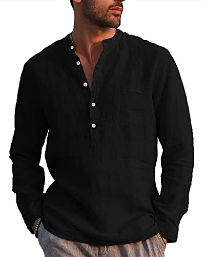 LVCBL Camisa De Hombre De Lino De Manga Larga para Hombre Camisa De Cuello Alto De Verano Negro 3XL