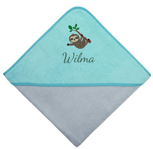 Wolimbo Kapuzenhandtuch personalisiert mit Namen und Motiv - grau-türkis - 80x80 cm - für Baby und Kinder