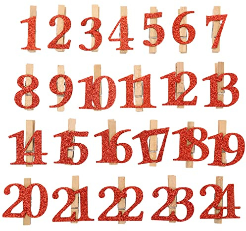 Papierdrachen 24 Holzklammern mit Glitzerzahlen - Rot - funkelnde Deko für deinen Adventskalender 2025 - Weihnachtsdeko für Kinder & Erwachsene