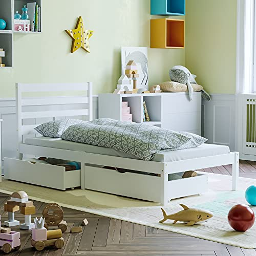 Junior Vida Libra Single Kids Bed Frame with Underbed Drawers | White | 3ft | Solid Pine Wood | 92.5 H x 96 W x 195.5 D cm | Space-Saving | Underbed Storage | Slatted Panels | Bedroom Furniture