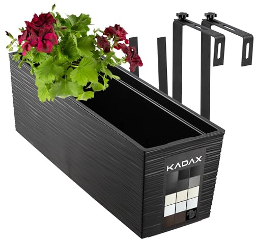 KADAX Blumenkasten 18,5x56 cm, Ritzmuster, Schwarz, mit Halterungen, mit Einsatz – wetterfester rechteckiger Pflanzkasten für Balkon und Outdoor