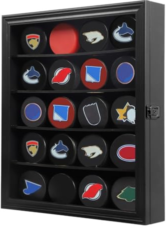 Mstrse Hockey Puck Vitrine - Halter Wandhalterung Schrank Ständer - Shadow Box mit Echtglas für Sammlung, Groß Schwarz
