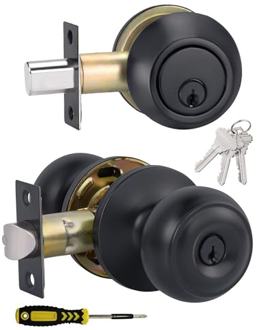 All Keyed Alike Entry Door Knobs and Single Cylinder Deadbolt Lock Combo Set, Security for Entrance and Front Door with Flat Ball Classic Matte Black Finish by Lanwandeng