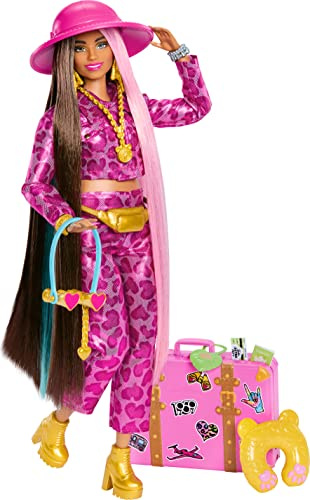 Barbie Poupée Mannequin Extra Fly Articulée avec Ensemble À Imprimé Animal Pailleté Rose Et Bottines Dorées, Inclus 15 Accessoires, Jouet Enfant, A Partir De 3 Ans, HPT48