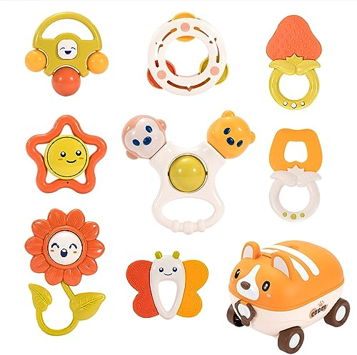 Hochet de Dentition Ensemble Bébé, 8pcs Hochets Jouets Sensoriels secouer et attraper, Jouet Shaker Grab, Jouets Éducatifs Tôt avec Boîte de Rangement pour 3 6 9 12 Mois Garçons Filles Bébé Cadeaux