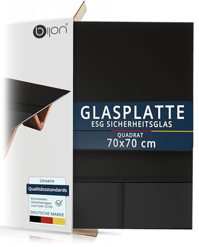 bijon Glasplatte Schwarz Tisch ESG Sicherheitsglas Quadratisch - Für Esstisch, Couchtisch, Gartentisch, Schreibtisch, Bodenplatte, Funkenschutz, Kaminschutz - Glasplatte 70x70 cm