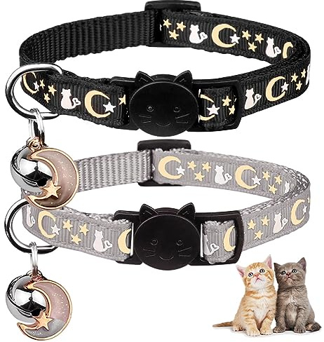 Katzenhalsbänder mit Glöckchen, leuchtet im Dunkeln, verstellbar, 20-33 cm, Grau und Schwarz, 2 Stück