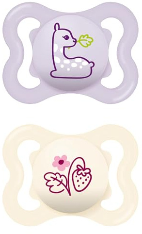 MAM Ciuccio Air in silicone, set da 2 pezzi, design extra leggero e arioso, adatto ai denti, in speciale silicone MAM SkinSoft con scatola per ciuccio, 0-6 mesi, lama/fragola